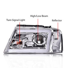 G-PLUS LED DRL Headlights for Ford F150 2004-2008 Lincoln Mark LT 2006-2008 Clear Lens Chrome Close-up View