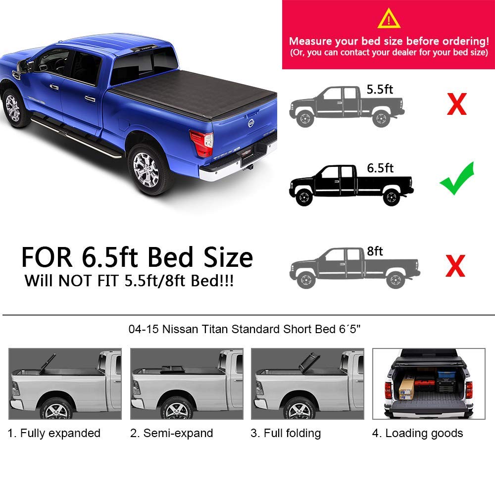 G-PLUS Four-Fold Truck Tonneau Cover Compatible with Nissan Titan 2004-2015 | King (Extended) Cab 6.5' Bed | for Models with or Without The Utili-Track System