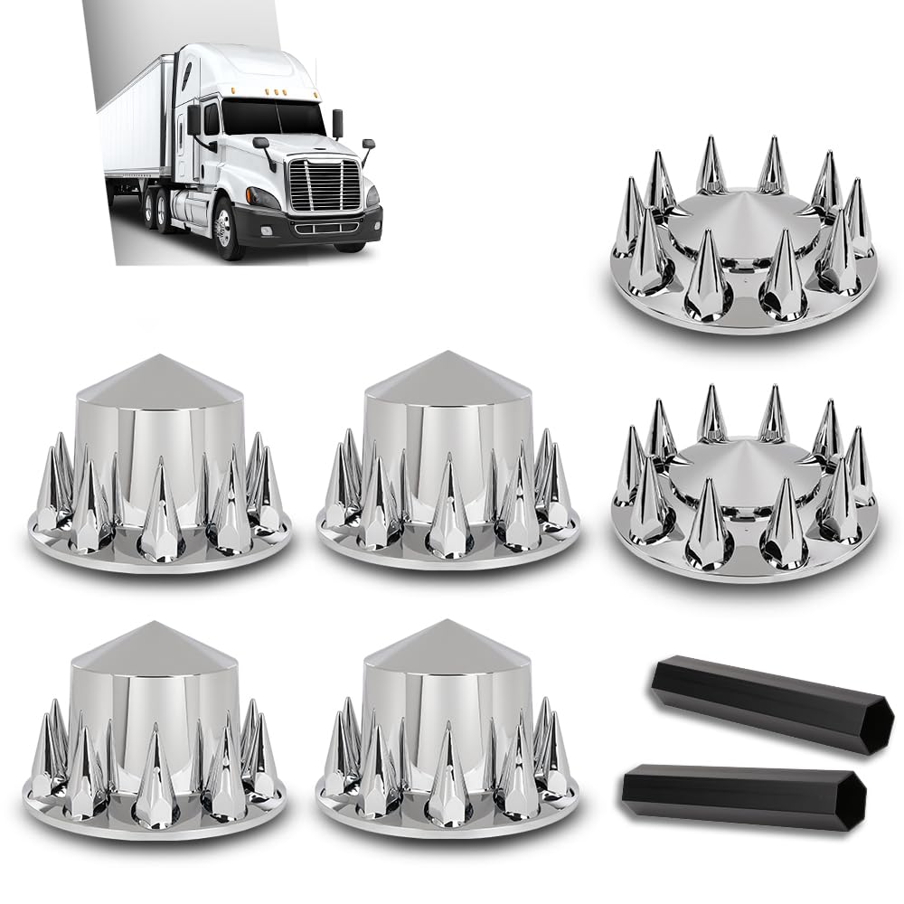 G-PLUS Front & Rear Wheel Cover Chrome Hub Cover Kit 33mm Spiked Hub Axle Compatible with Semi-Trucks 20", 22.5" and 24.5" Hub Piloted Wheels