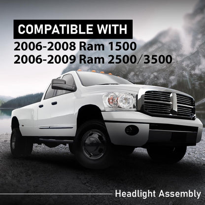 G-PLUS Headlights Assembly w/Bulbs Light Bar Left and Right Side Compatible with Dodge Ram 1500 2006-2008/Fit Dodge Ram 2500 3500 2006-2009 Clear Lens Chrome Housing Clear Reflector