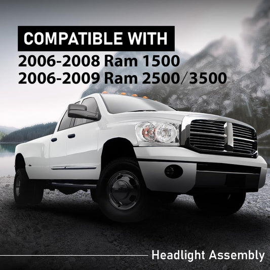 G-PLUS Headlights Assembly w/Bulbs Light Bar Left and Right Side Compatible with Dodge Ram 1500 2006-2008/Fit Dodge Ram 2500 3500 2006-2009 Clear Lens Chrome Housing Clear Reflector