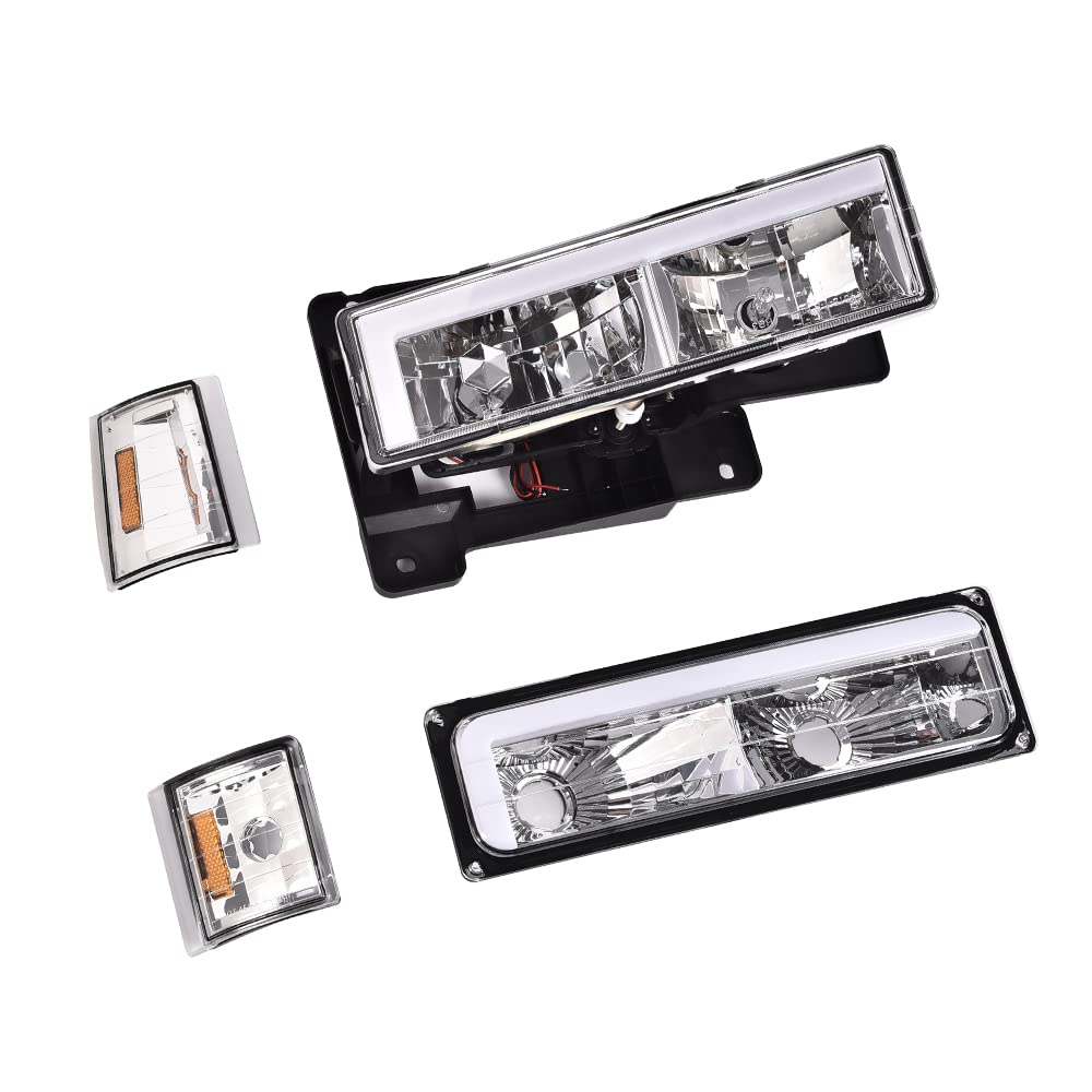 G-PLUS LED DRL headlights, Compatible with 1994 1995 1996 1997 1998 1999 GMC C1500 K1500 Yukon bumper Headlamp, Clear lens Chrome Housing Amber Reflector