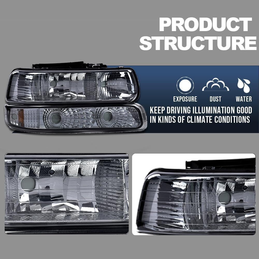 G-PLUS Headlights Assembly,Fit Chevy Silverado 1500 2500 & HD 3500 1999-2002/Fit Chevy Suburban/Tahoe 2000-2006,Corner Bumper Headlamps Smoky Lens Chrome Housing Amber Reflector,faros delanteros