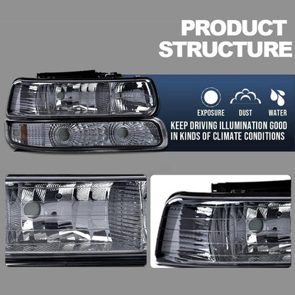 G-PLUS Headlights Assembly,Fit Chevy Silverado 1500 2500 & HD 3500 1999-2002/Fit Chevy Suburban/Tahoe 2000-2006,Corner Bumper Headlamps Smoky Lens Chrome Housing Amber Reflector,faros delanteros
