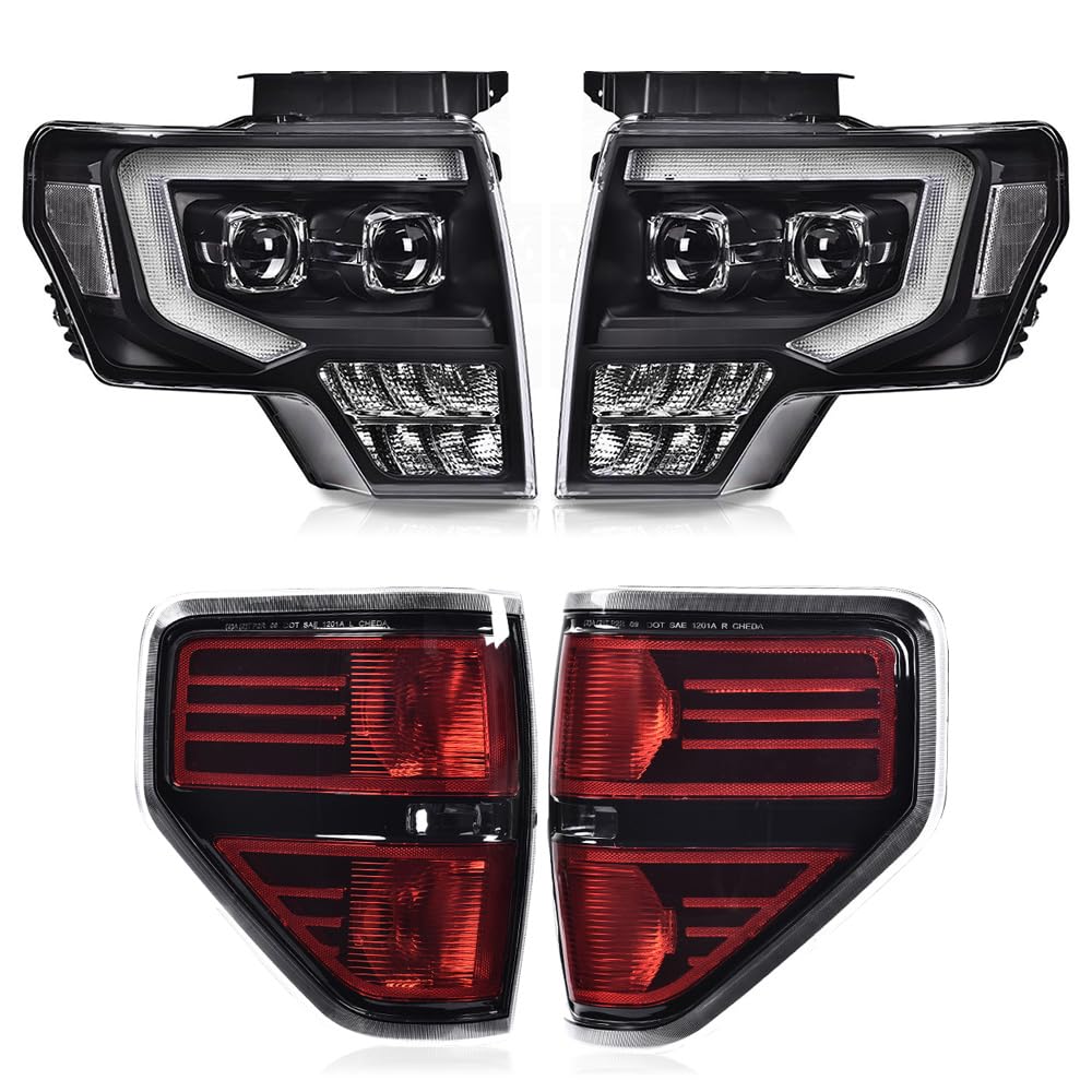 G-PLUS Pair Headlights Assembly & Tail lights Headlamps + Taillamps Compatible with 2009 2010 2011 2012 2013 2014 Ford F150 (Clear Lens Black Housing Headlights + Tail lights)