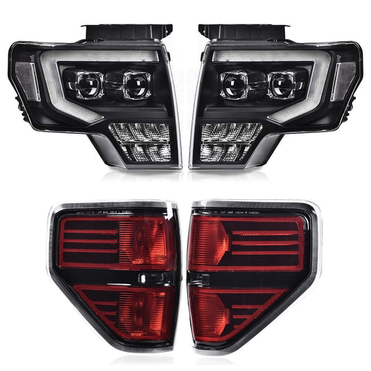 G-PLUS Pair Headlights Assembly & Tail lights Headlamps + Taillamps Compatible with 2009 2010 2011 2012 2013 2014 Ford F150 (Clear Lens Black Housing Headlights + Tail lights)