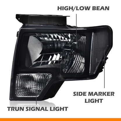 G-PLUS Left & Right Headlights Assembly Front Headlamp & Rear Tail Lights Compatible with Ford F150 2009-2014 DL3Z13008A, DL3Z13008B Black