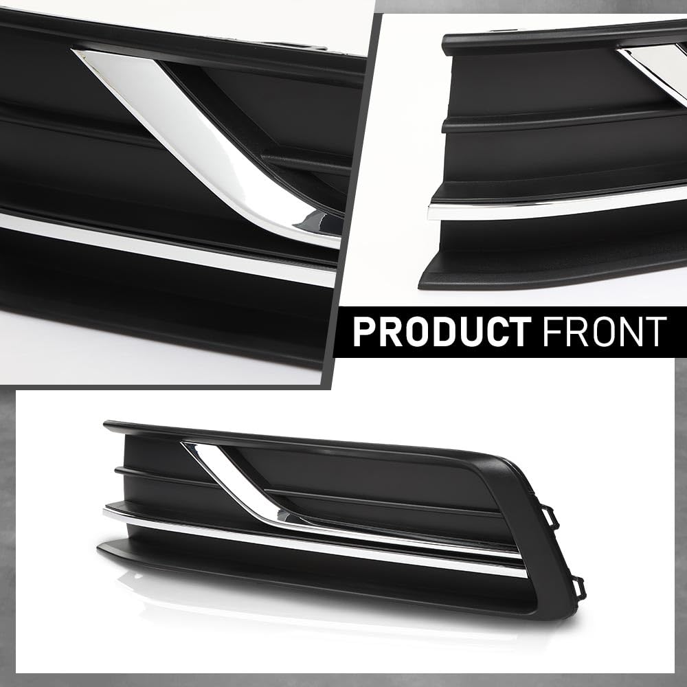 G-PLUS Front Left Fog Light Cover w/Chrome Trim Compatible with Volkswagen Passat 2016-2019 Black Driver Side without Sensor Hole