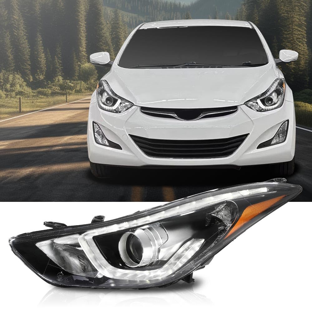 G-PLUS Headlight DRL LED Projector Driver LH Compatible with Hyundai Elantra 2014-2016 Clear Lens Black Housing Amber Reflector Bumper Headlamps,faros delanteros