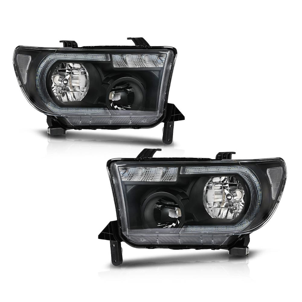 G-PLUS LED DRL Headlights Compatible with Toyota Tundra 2007-2013,Fit2008-2017 Toyota Sequoia Headlamps Assembly Clear Lens Black Housing Clear Reflector Left & Right,faros delanteros