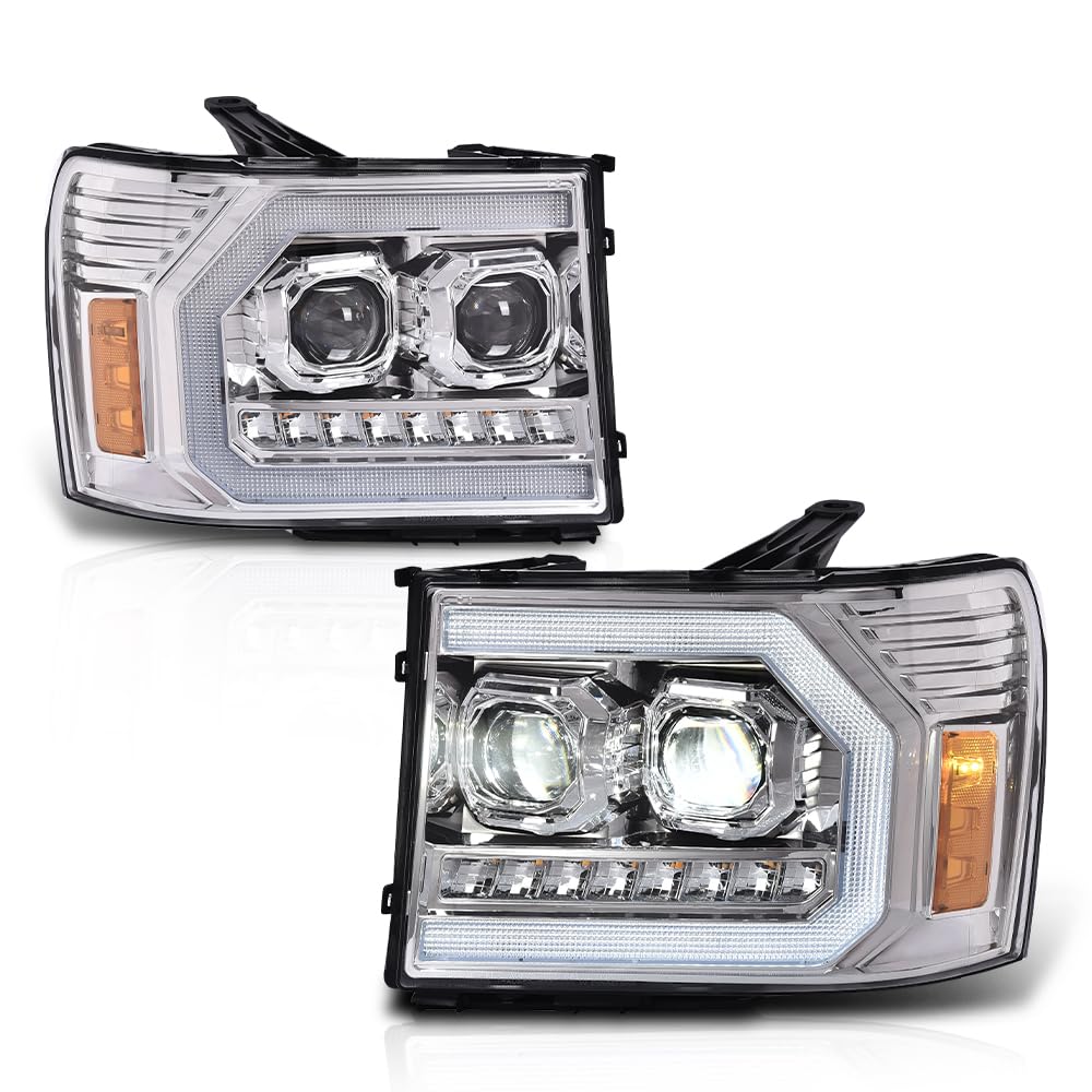 G-PLUS LED DRL Headlights Assembly Compatible with GMC Sierra 1500 2007-2013/Fit GMC Sierra 2500HD 3500HD 2007-2014 Left & Right Headlamps Clear Lens Chrome Housing Amber Reflector,faros delanteros