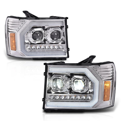 G-PLUS LED DRL Headlights Assembly Compatible with GMC Sierra 1500 2007-2013/Fit GMC Sierra 2500HD 3500HD 2007-2014 Left & Right Headlamps Clear Lens Chrome Housing Amber Reflector,faros delanteros