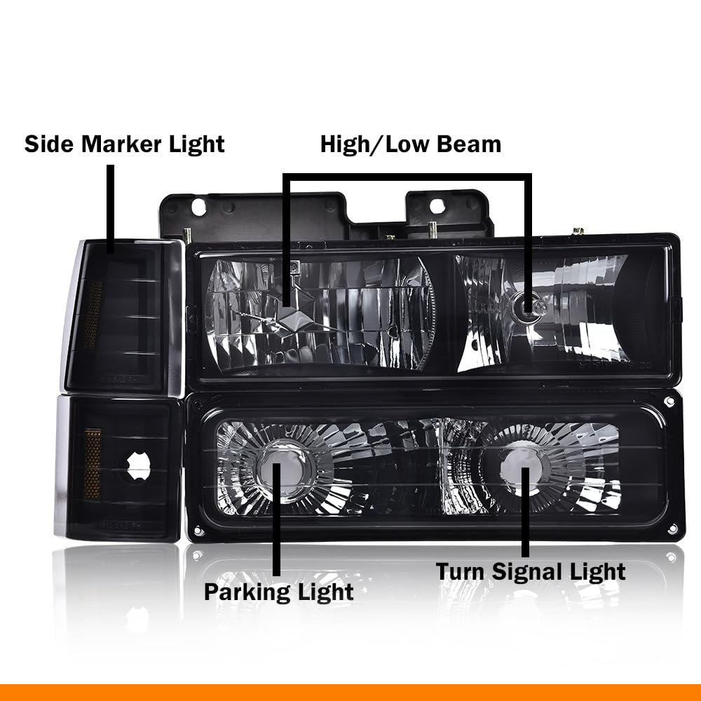 G-PLUS Headlights Assembly, Fit GMC C1500 K1500 Yukon 1994-1999 Bumper Headlamps, Smoky Lens Black Housing Amber Reflector