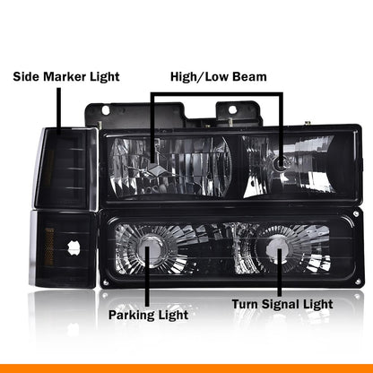G-PLUS Headlights Assembly w/Bulbs Fit Chevy Suburban C1500 C2500 K1500 K2500 1994-1999, Fit GMC C2500 K2500 1994-2000, Left & Right Headlamps Assembly, Smoky Lens Black Housing Amber Reflector