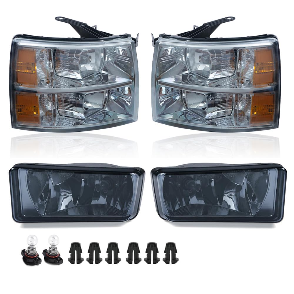 G-PLUS Headlights & Fog Lights Compatible with Chevy Silverado 1500 2007-2013/2500 3500 2500HD 3500HD 2007-2014 (Smoky Lens Clear Housing Amber Reflector Headlights + Fog Lights)