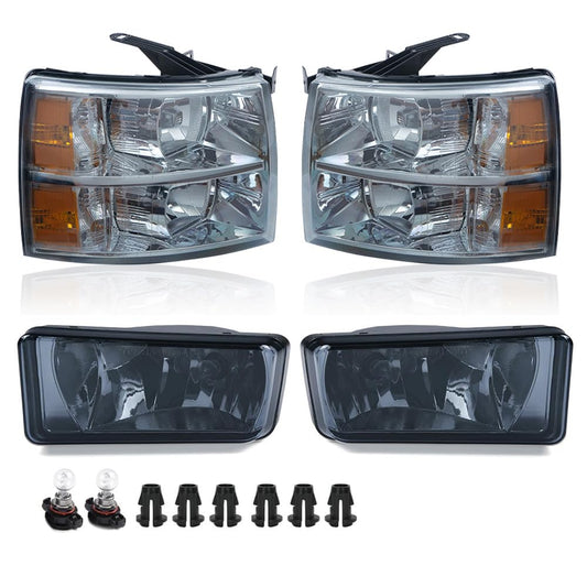 G-PLUS Headlights & Fog Lights Compatible with Chevy Silverado 1500 2007-2013/2500 3500 2500HD 3500HD 2007-2014 (Smoky Lens Clear Housing Amber Reflector Headlights + Fog Lights)