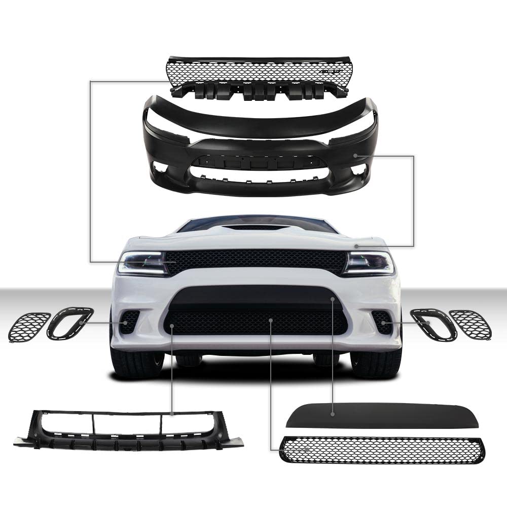 G-PLUS Front Bumper Body Kit Compatible with Dodge Charger 2015 2016 2017 2018 2019 2020 2021 2022 SRT Style 9PCS, Black