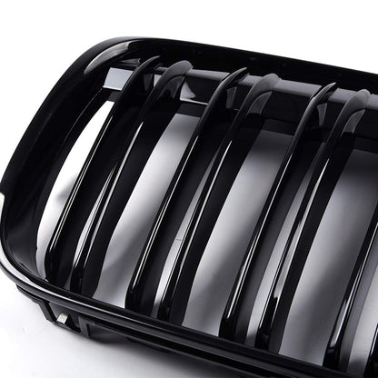 Front Kidney Grille Replacement For BMW X1 F48 F49 2016-2020 Double Line Glossy Black Grill One Pair