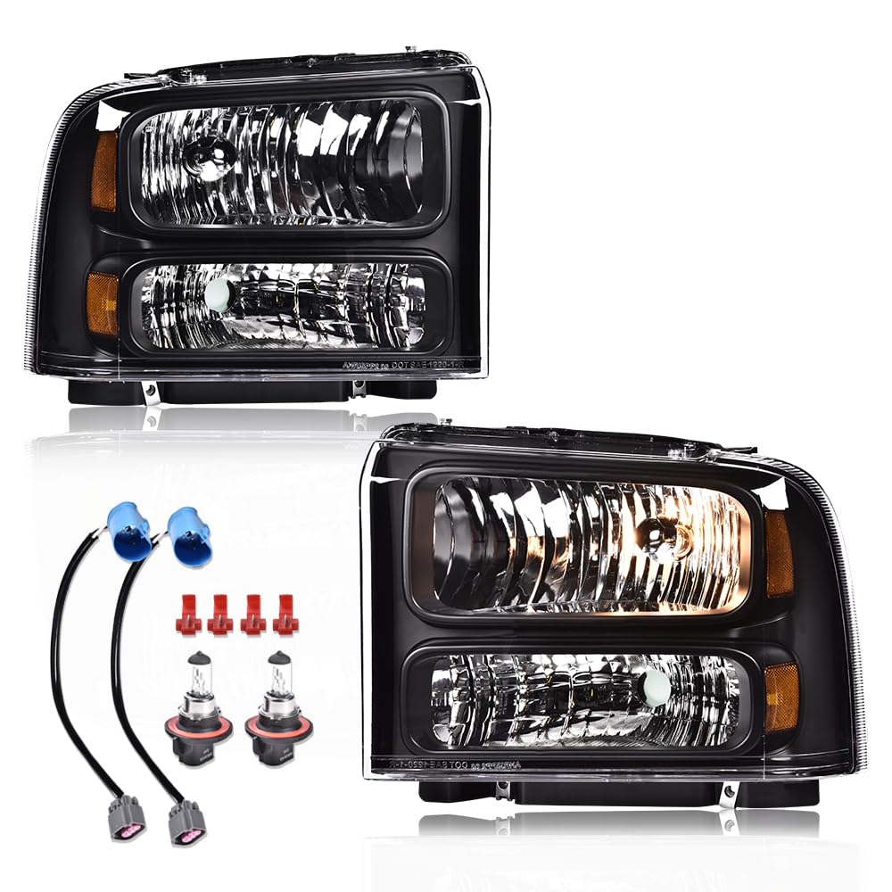 G-PLUS Headlights Assembly Bumper Headlamps Fit Ford F250 F350 F450 F550 Super Duty 1999-2004; Fit Ford Excursion 2000-2004 Clear Lens Black Housing Amber Reflector,faros delanteros