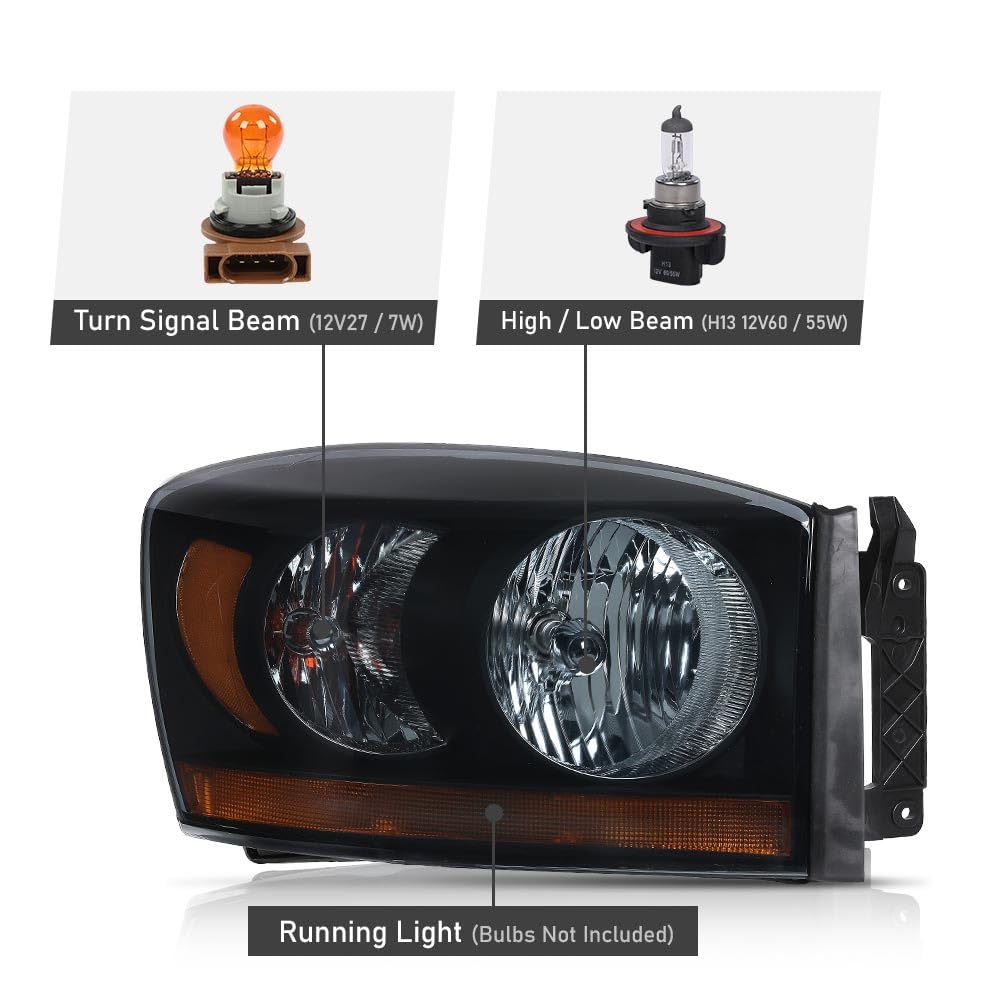 G-PLUS Headlights Assembly w/Bulbs Light Bar Left and Right Side Compatible with Dodge Ram 1500 2006-2008/Fit Dodge Ram 2500 3500 2006-2009 Smoke Lens Black Housing Amber Reflector