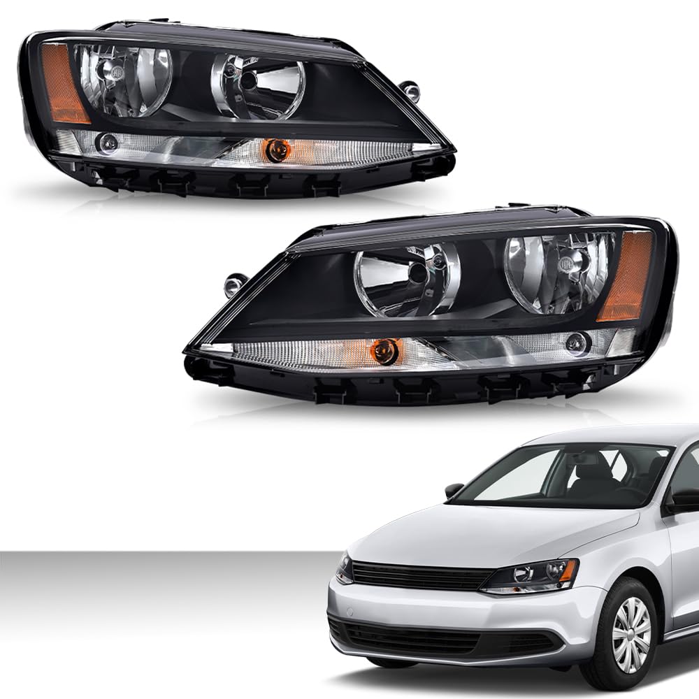 G-PLUS Headlights Headlamps w/Bulbs Compatible with Volkswagen Jetta 2011-2018 Left Right VW2502146, VW2503146 Clear Lens Black Housing Amber Reflector