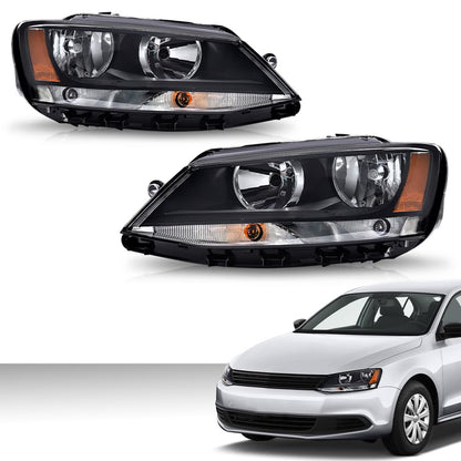 G-PLUS Headlights Headlamps w/Bulbs Compatible with Volkswagen Jetta 2011-2018 Left Right VW2502146, VW2503146 Clear Lens Black Housing Amber Reflector