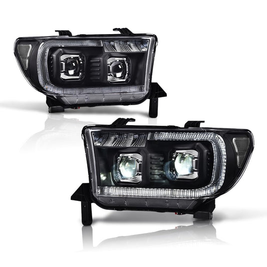 G-PLUS LED Tube Projector Headlights Assembly Compatible with Toyota Tundra 2007-2013, Fit Toyota Sequoia 2008-2017 Left & Right Headlamps, Clear Lens Black Housing Clear Reflector, TO2502171