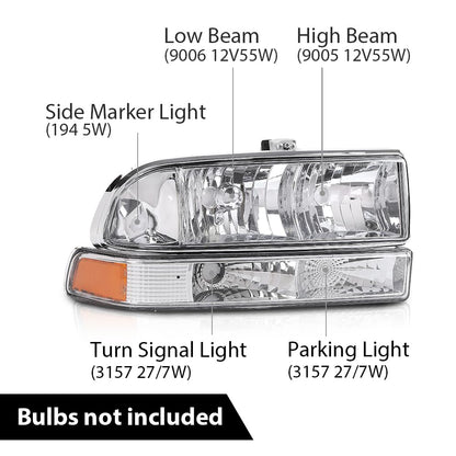 G-PLUS Headlights Corner Bumper Turn Signal w/o Bulbs Fit Chevy Blazer 1998-2005 / Fits Chevy S10 Pickup 1998-2004 Clear Lens Chrome Housing Amber Reflector Bumper Headlamps,faros delanteros Assembly