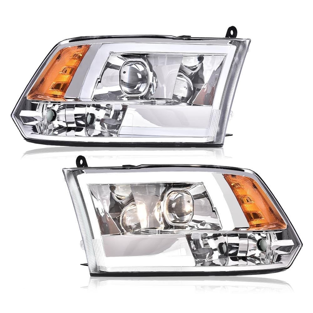 G-PLUS LED DRL Headlights Fit Dodge Ram 1500 2500 3500 2009-2012(New Body), Not Fit One Hole, Clear Lens Chrome Housing Amber Reflector Bumper Headlamps, faros delanteros Assembly