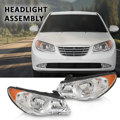 G-PLUS Headlights Assembly,Compatible with Hyundai Elantra 2007-2010 Bumper Headlamps w/o Bulb,Left & Right faros delanteros Clear Lens Chrome Housing Amber Reflector
