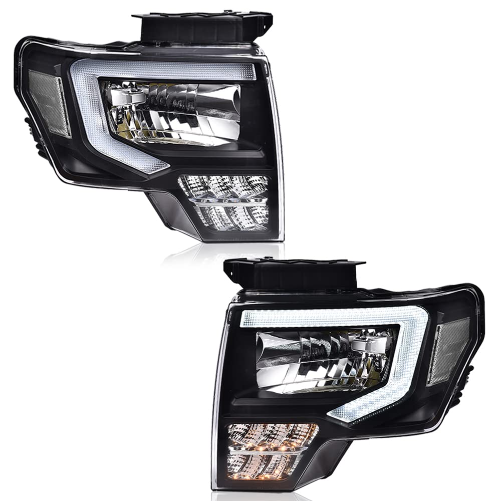 G-PLUS Headlights LED DRL Compatible with Ford F150 2009-2014 Projector Headlamps Pair Left & Right Clear Lens Black Housing Clear Reflector,faros delanteros