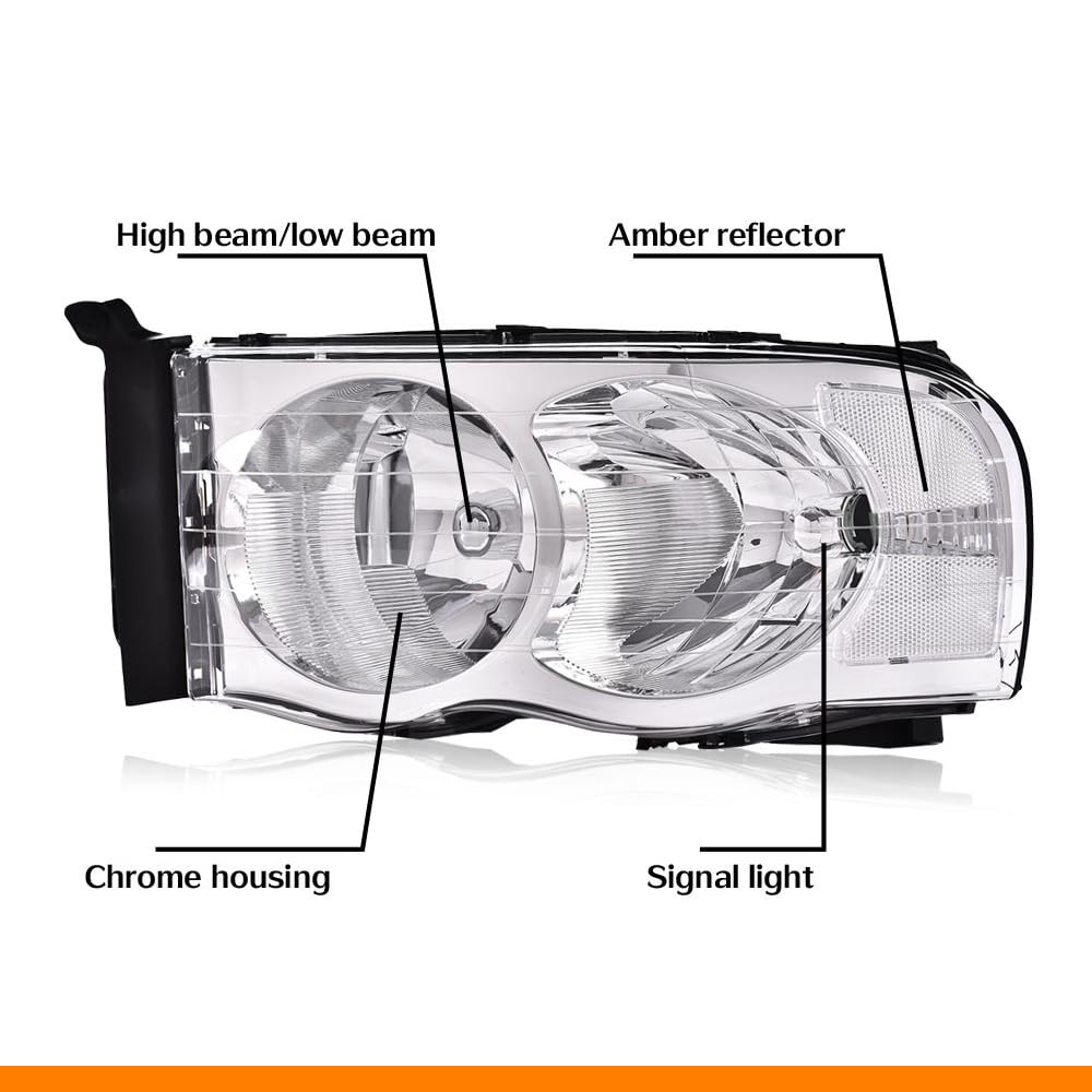 G-PLUS Headlights Assembly, Compatible with Dodge Ram 1500 2500 3500 2002 2003 2004 2005 Bumper Headlamps, Clear lens Chrome Housing Clear Reflector