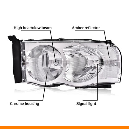 G-PLUS Headlights Assembly, Compatible with Dodge Ram 1500 2500 3500 2002 2003 2004 2005 Bumper Headlamps, Clear lens Chrome Housing Clear Reflector