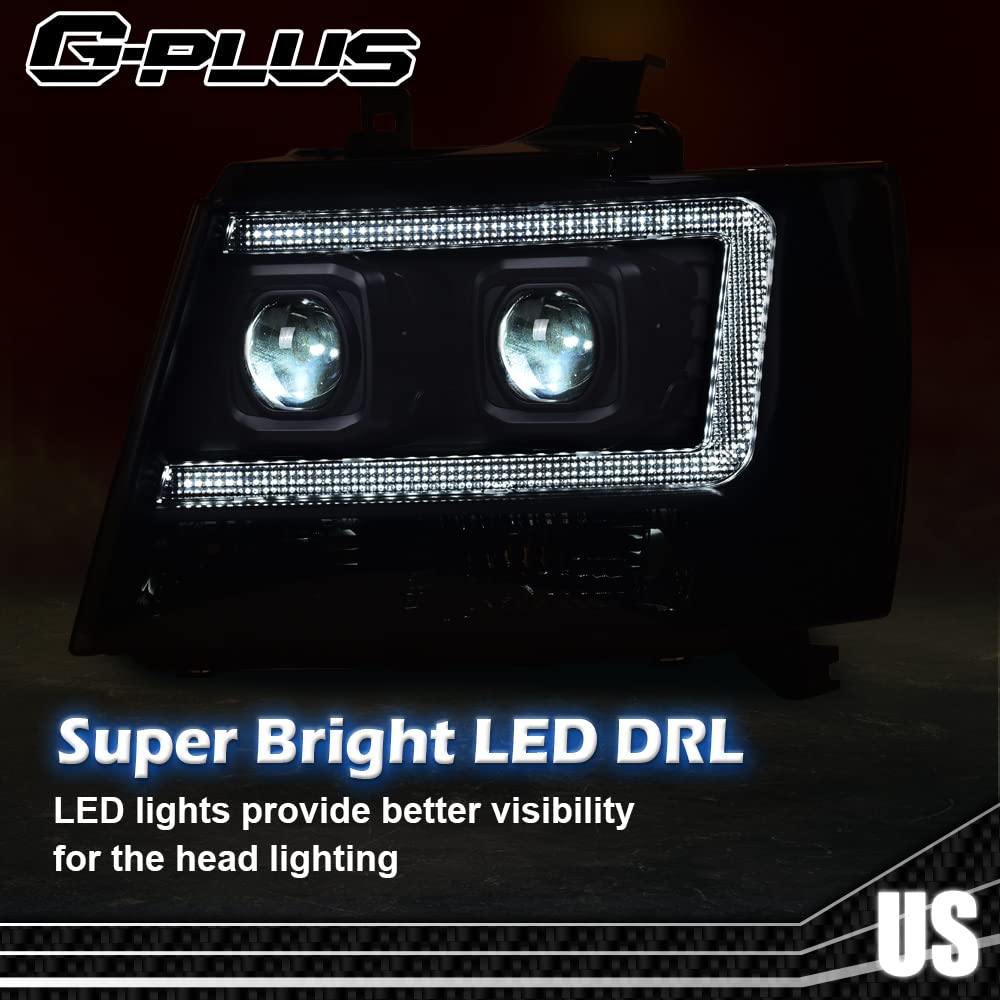 G-PLUS LED Tube Dual Projector Headlights, Compatible with 2007-2014 Chevy Tahoe/Suburban Bumper Headlamps Assembly, Smoky Lens Black Housing Amber Reflector,faros delanteros