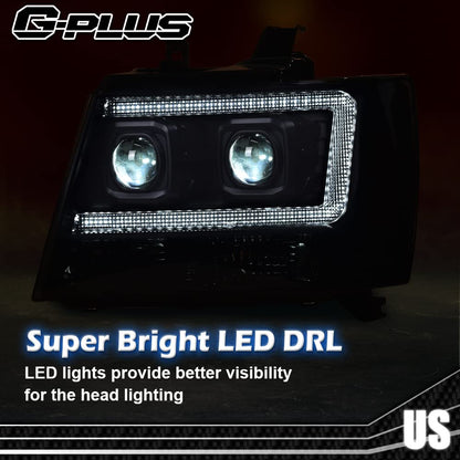 G-PLUS LED Tube Dual Projector Headlights, Compatible with 2007-2014 Chevy Tahoe/Suburban Bumper Headlamps Assembly, Smoky Lens Black Housing Amber Reflector,faros delanteros