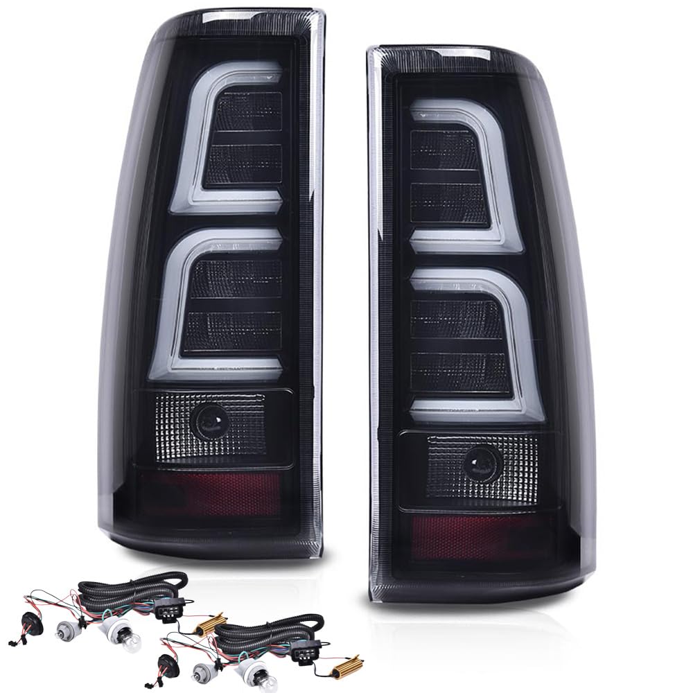G-PLUS LED Tail Lights Assembly w/Wiring Harness & White light Bar Compatible with Chevy Silverado 1500 2500 2003-2006 Left & Right Rear Brake Lamps, GM2800174 GM2801174, Smoky Lens Black Housing