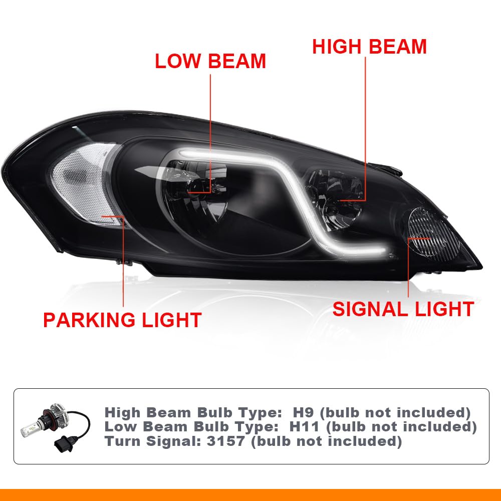 G-PLUS LED Headlights Assembly Fit Chevy Monte Carlo 2006 2007/Chevy Impala 2006-2013/Chevy Impala Limited 2014-2016 DRL Corner Headlamps Smoky Lens Black Housing Clear Reflector,faros delanteros