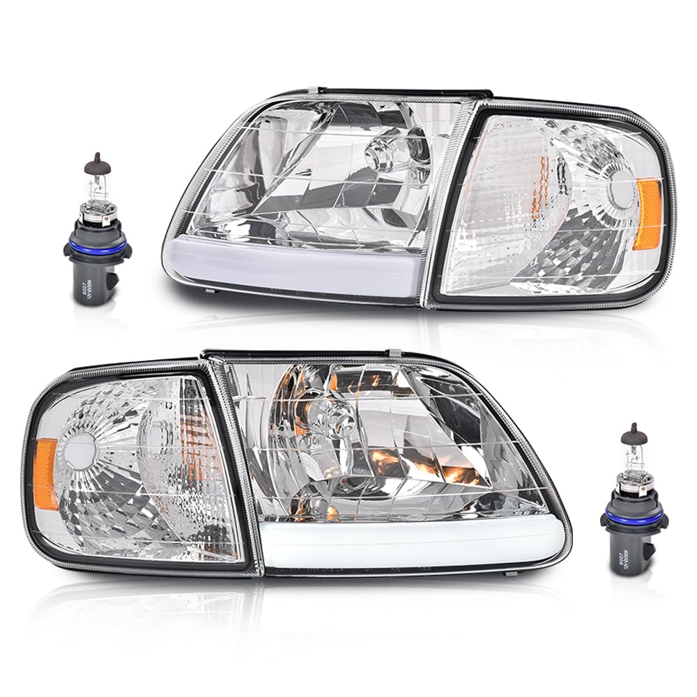 G-PLUS LED DRL Headlights Compatible with Ford Expedition 1997-2002/Fit Ford F150 1998-2003/Fit F250 1997-1999 Bumper Headlamp w/Corner Lamps Clear Lens Chrome Housing Amber Reflector Left & Right