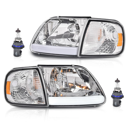 G-PLUS LED DRL Headlights Compatible with Ford Expedition 1997-2002/Fit Ford F150 1998-2003/Fit F250 1997-1999 Bumper Headlamp w/Corner Lamps Clear Lens Chrome Housing Amber Reflector Left & Right