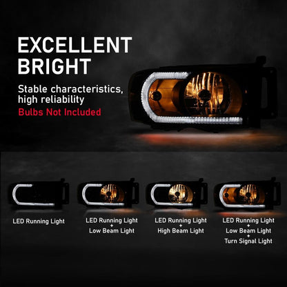 G-PLUS LED Headlights Assembly Compatible with Dodge Ram 1500 2002-2005, Fit Dodge Ram 2500 3500 2003-2005 Headlamps Assembly, Clear Lens Black Housing Clear Reflector, faros delanteros