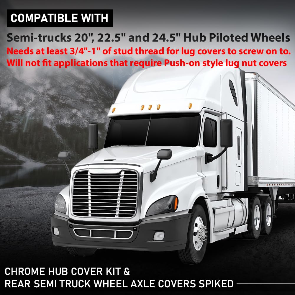 G-PLUS Chrome Hub Cover Kit, 33mm Front & Rear Semi Truck Wheel Axle Covers Spiked, Fit Semi-Trucks 20", 22.5" and 24.5" Hub Piloted Wheels