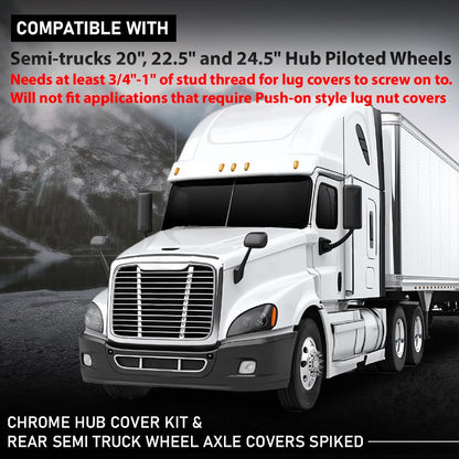 G-PLUS Chrome Hub Cover Kit, 33mm Front & Rear Semi Truck Wheel Axle Covers Spiked, Fit Semi-Trucks 20", 22.5" and 24.5" Hub Piloted Wheels
