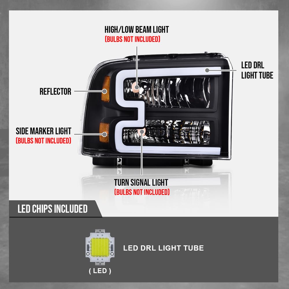 G-PLUS LED DRL BAR Headlight Assembly Compatible with Ford F250 F350 F450 F550 Super Duty 2005-2007/Fit Ford Excursion 2005 HeadLamps Clear lens Black Housing Amber Reflector FO2503217 ‎6C3Z13008CB