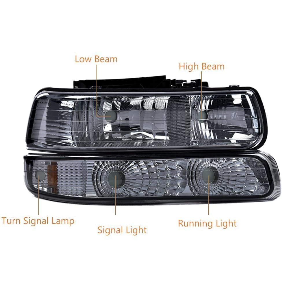 G-PLUS Headlights Assembly, Compatible with 1999-2002 Chevy Silverado/ 2000-2006 Suburban Tahoe Bumper Headlamps, Smoky Lens Chrome Housing Amber Reflector