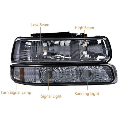 G-PLUS Headlights Assembly,Fit Chevy Silverado 1500 2500 & HD 3500 1999-2002/Fit Chevy Suburban/Tahoe 2000-2006,Corner Bumper Headlamps Smoky Lens Chrome Housing Amber Reflector,faros delanteros