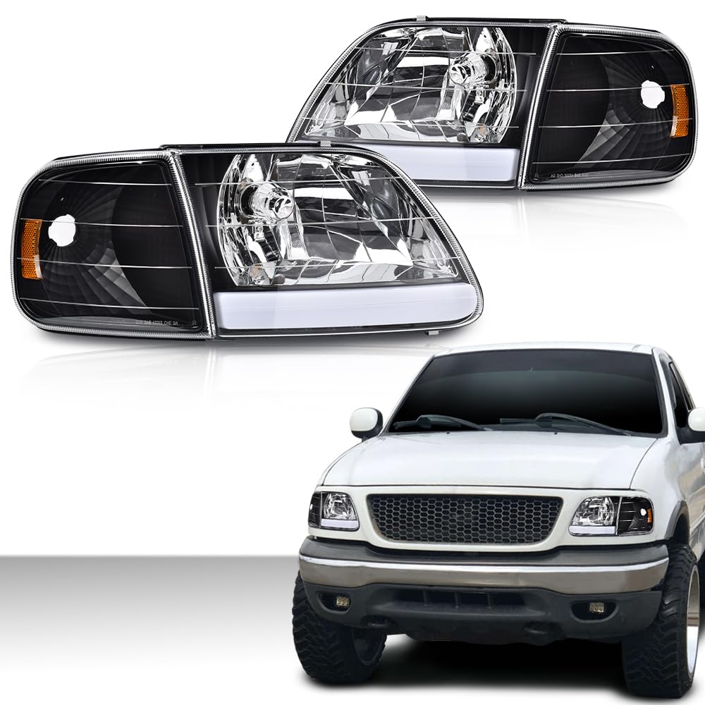 G-PLUS LED DRL Headlights Compatible with Ford Expedition 1997-2002/Fit F150 1998-2003/Fit F250 1997-1999 Clear Lens Black Housing Amber Reflector Left & Right