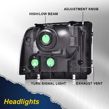 G-PLUS Headlights Assembly, Compatible with Ford F250 F350 F450 F550 Super Duty 1999-2004/Fit Ford Excursion 2000-2004 Bumper Headlamps, Clear Lens Chrome Housing Clear Reflector,faros delanteros