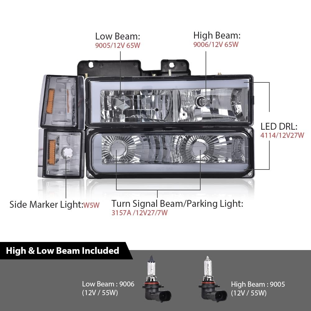 G-PLUS LED Headlights Assembly w/Bulbs Fit GMC C1500 K1500 Yukon 1994-1999, Fit GMC C2500 C3500 K2500 K3500 1994-2000, Left & Right Headlamps Assembly, Smoky Lens Chrome Housing Amber Reflector