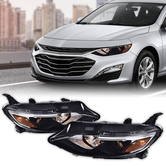 G-PLUS Headlights Assembly Compatible with Chevy Malibu 2019 2020 2021 Headlamps Set Pair Left & Right Front Halogen ‎Clear Lens Black Housing Amber Reflector,faros delanteros