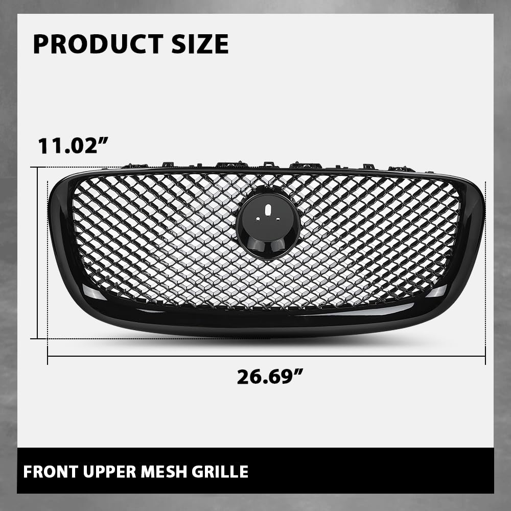 G-PLUS Front Center Upper Mesh Grille W/Emblem Compatible with Jaguar XF XFR 2012-2015 Gloss Black Grill